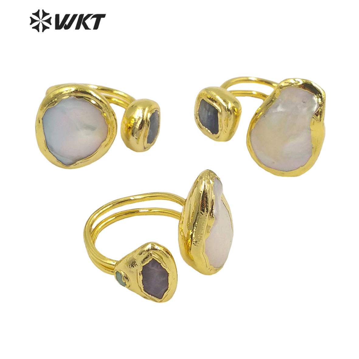 WT-MPR036 Refined Elegant Ladies Rings Blue Kyanite 18k Gold Plated Rings Open Adjustable Size Natural Pearl Gemstone Rings