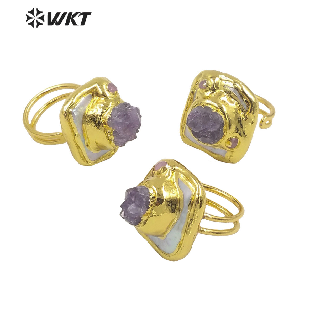 WT-MPR030 Sophisticated Design Ring Craft Pearl Ring Natural Stone Amethyst Shape 18k Gold Plated Women Stone Rings