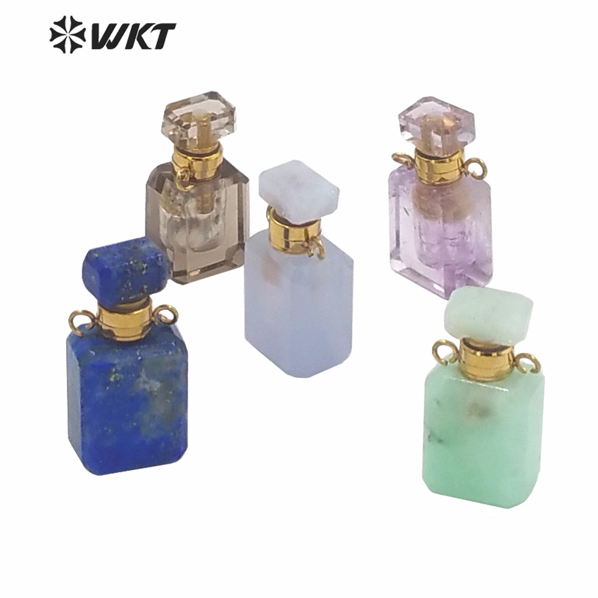 WT-P1573 WKT New Design Small Natural Stone Perfume Bottle Pendant Double Loops Gold Faceted Stone Carved Cube Perfume Bottle