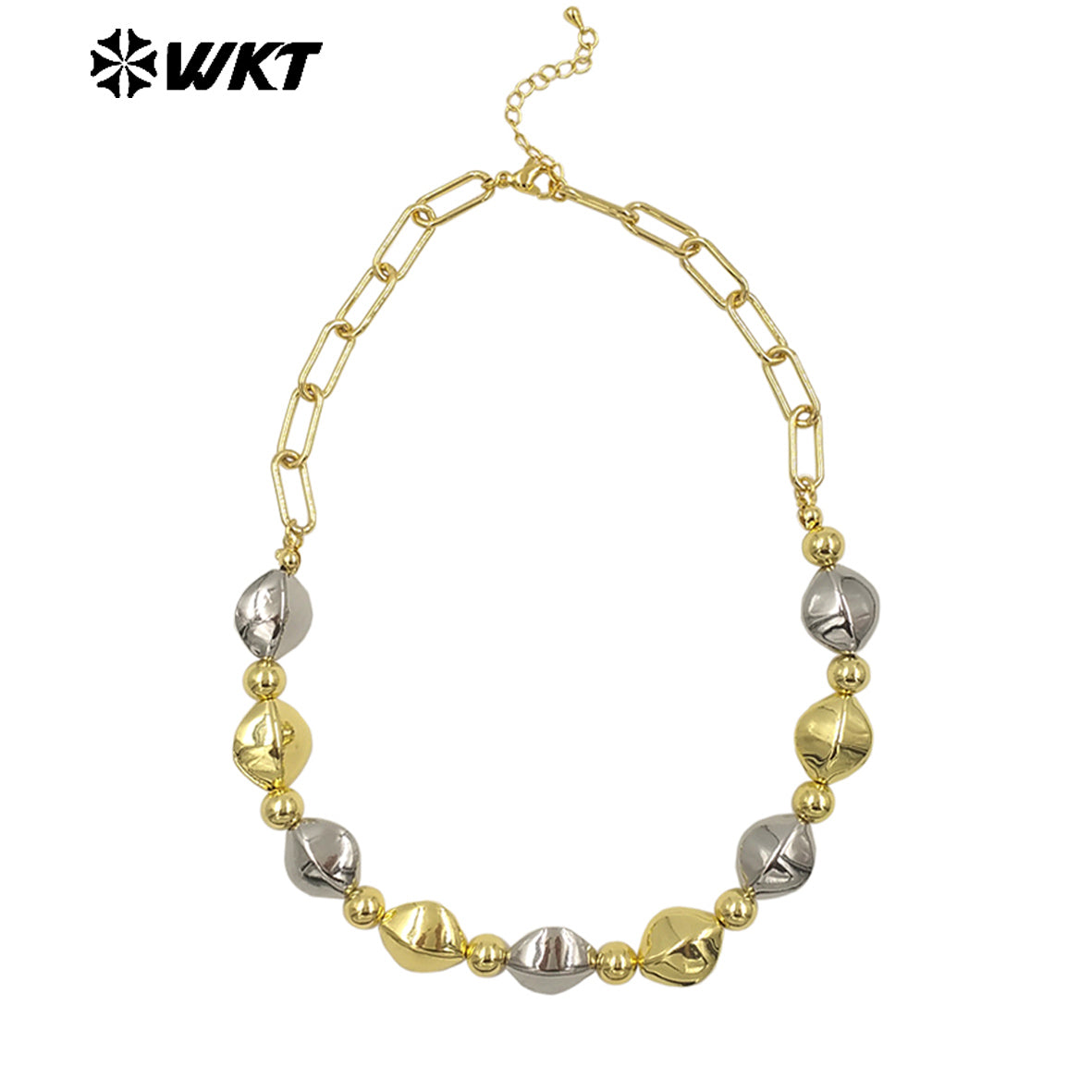 WT-JFN28 New Natural Brass 18K Gold Plated and Silver Irregular Diamond Shaped Flat Bead Necklace for Women As Daily Decoration