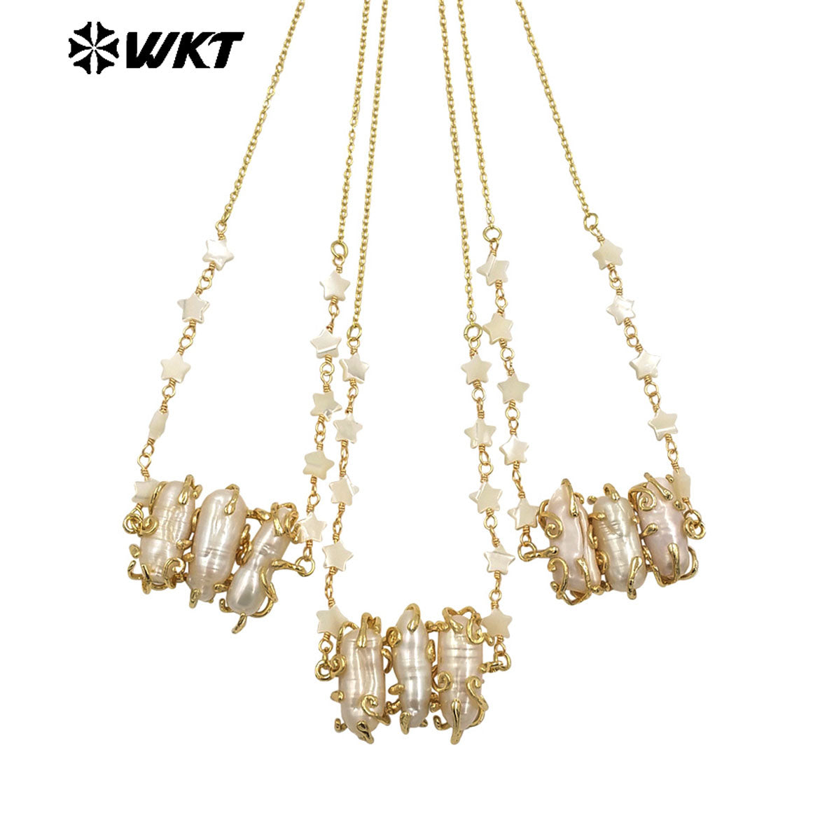 WT-JN302 Wholesale Popular Exquisite 18K Gold Plated Star Beads Inlaid Oval Large Pearl Necklace for Girl As Anniversary Gift