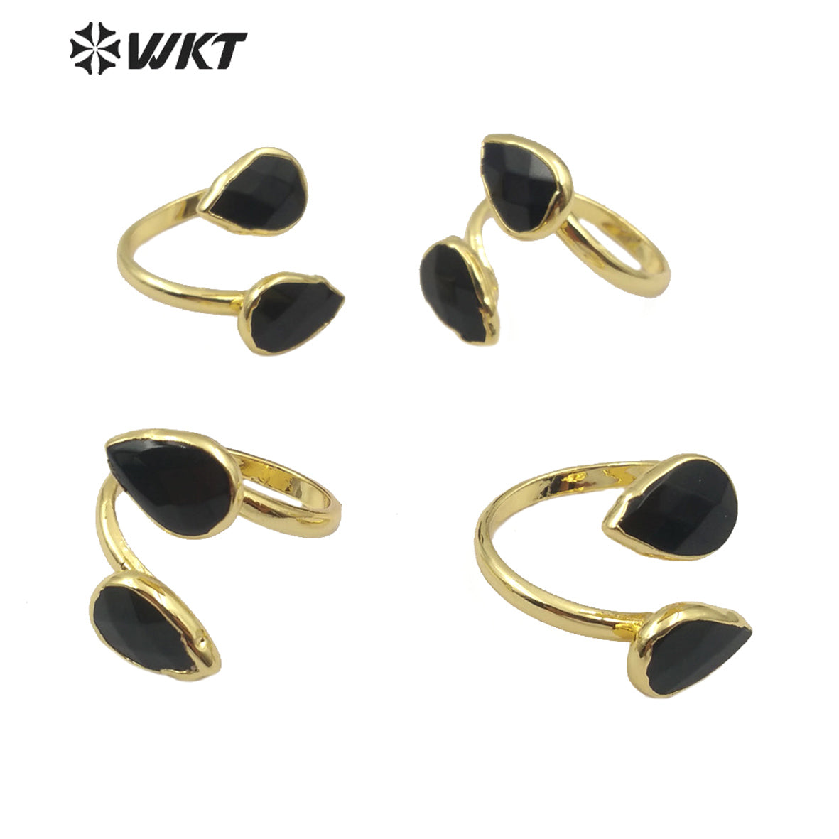 WT-R348 Wholesale Double Teardrop Natural Black Agate Ring Fashion Gold Plated Women Charm Jewelry Natural Stone Ring