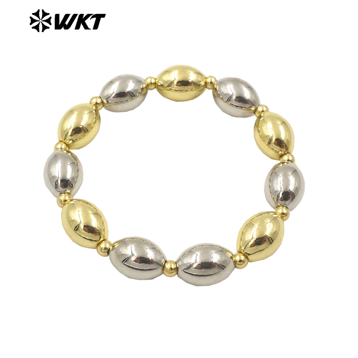 WT-JF348 Wholesale 18k Real Gold Plated Unique Steel and Gold Mixsure Bullet Brass Beads Stretch Bracelets