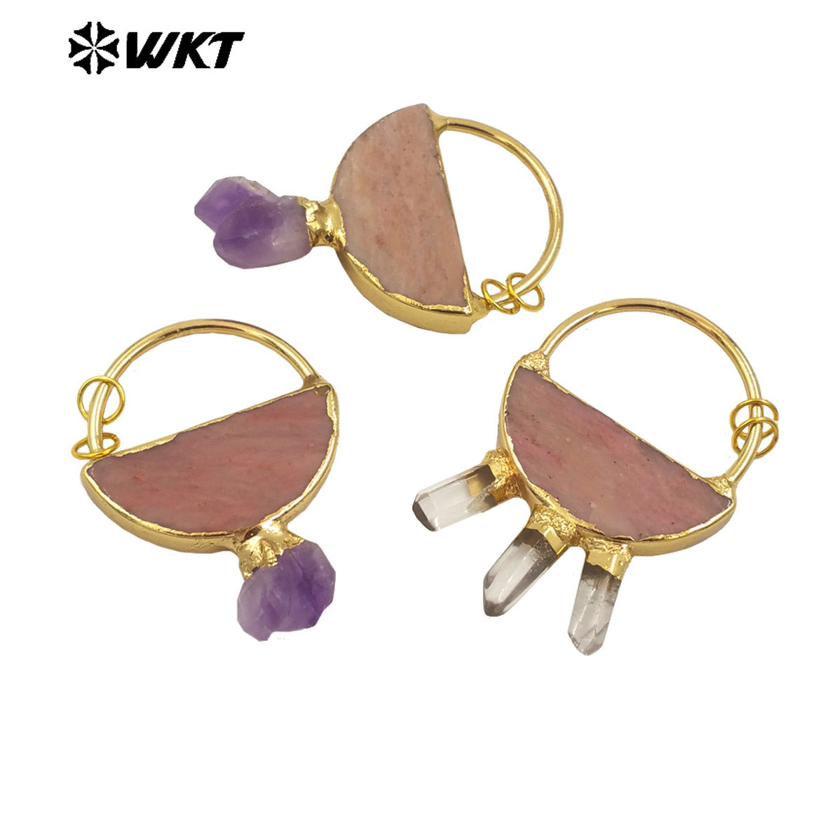 WT-P1969 WKT Unique Design Natural Stone Carved Half Circle Slice Rhodonite With Amethyst Quartz Pendant