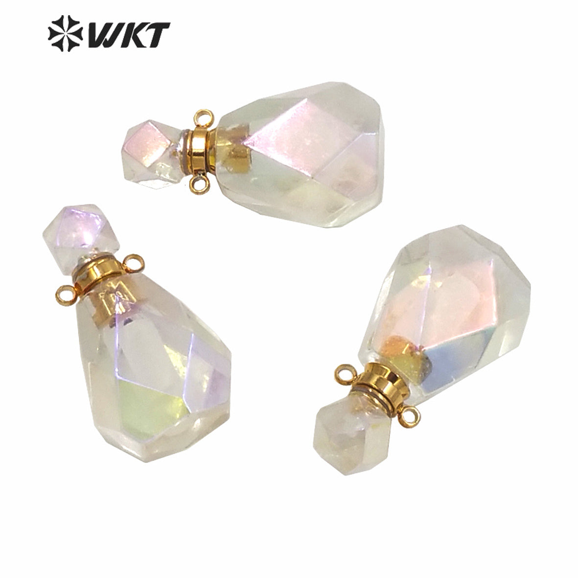 WT-P1593 WKT Exclusive New Amazing Gold Aura Crystal Quartz Faceted Perfume Oil Pendant Hotsale Women Angel Color Bottle Pendant