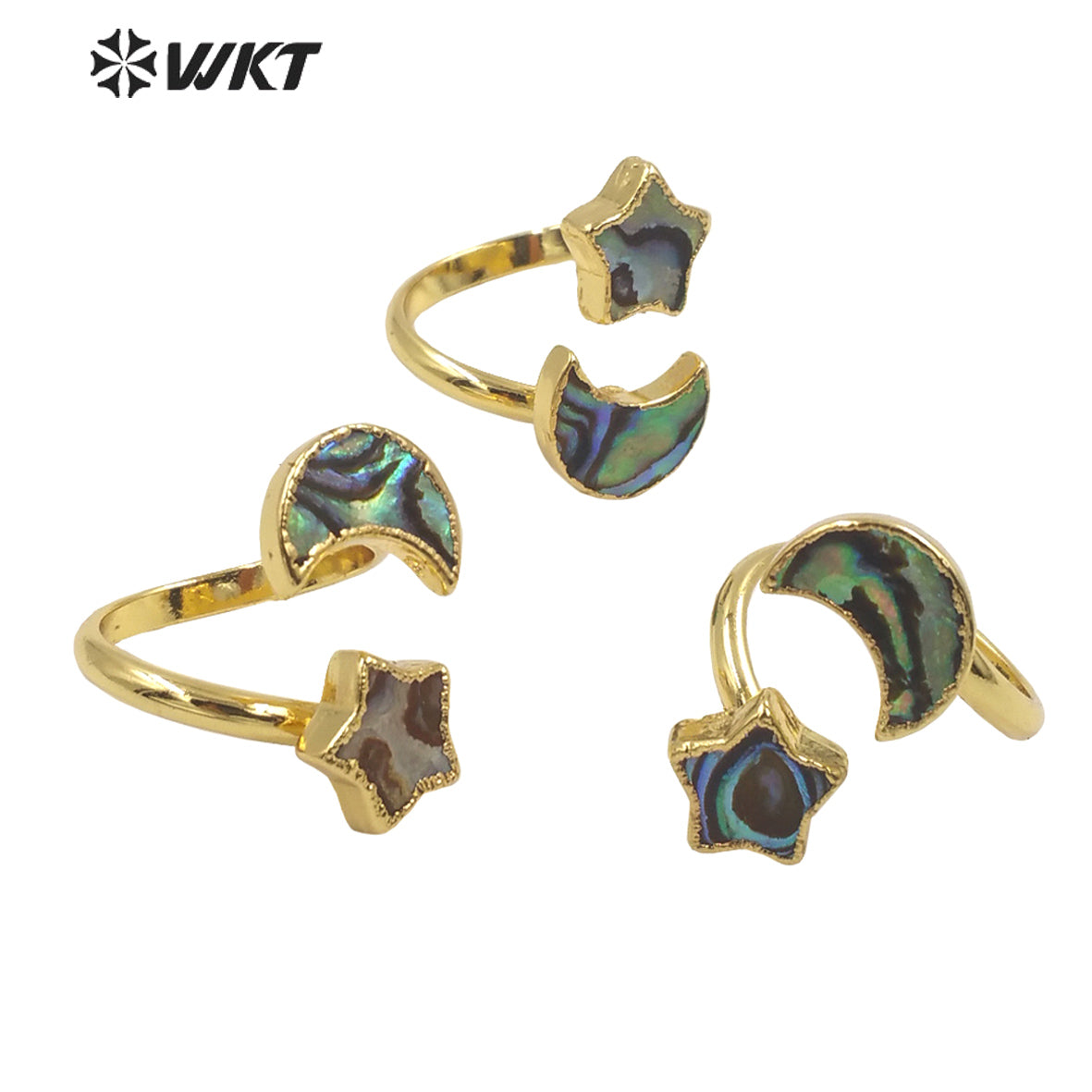 WT-MPR027 WKT Newest 18k Real Gold Plated Double Abalone Shell Star Ring Women Fashion Moon Ring for Party Fashion Shell Ring