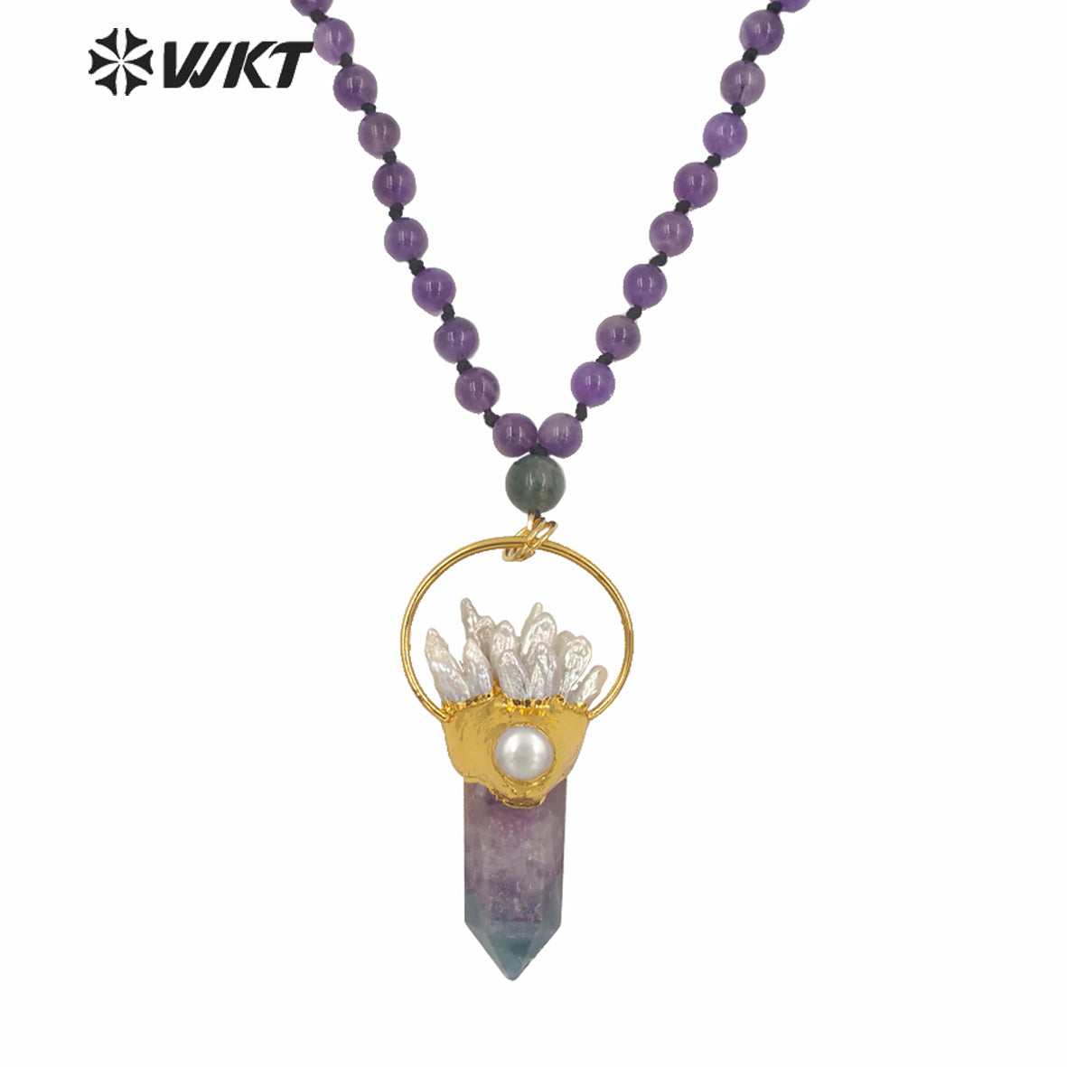 WT-N1246 Wholesale Women Gorgeous Long Beads Stone Fluorite Necklace Gold Fashion Big Chunky Spirit Point Stone Necklace
