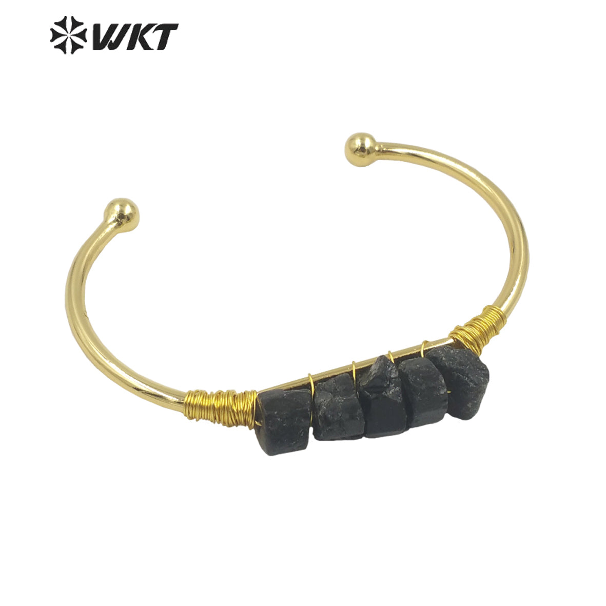 WT-B595 WKT Exclusive Natural Black Tourmaline Stone Bangle Opening Adjustable Gold Bracelet Party Gift Jewelry Bangle