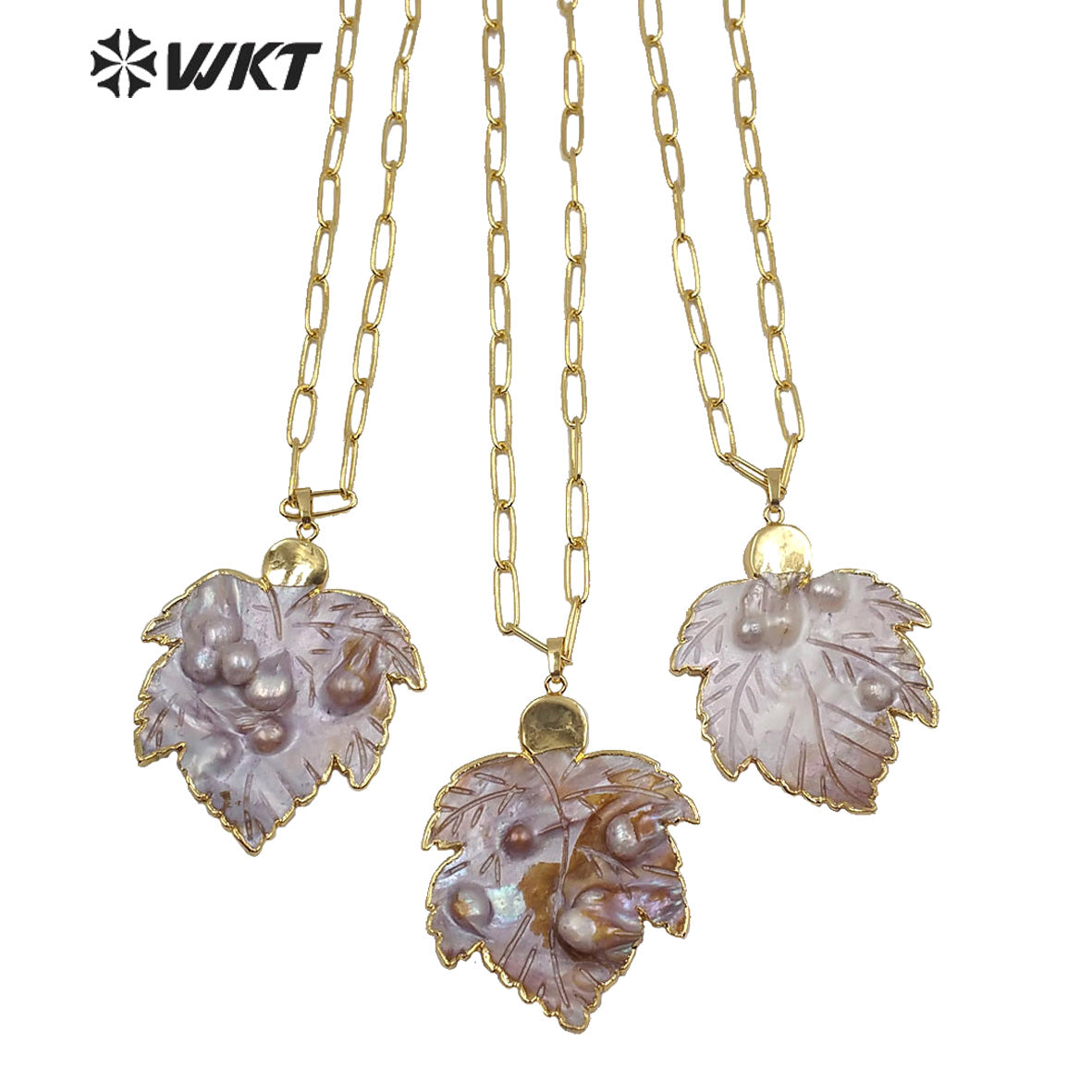 WT-JN119 Natural Mother of Pearl Carved Leaf Pendant Necklace Women Elegant Charm Jewelry Mother of Pearl Necklace