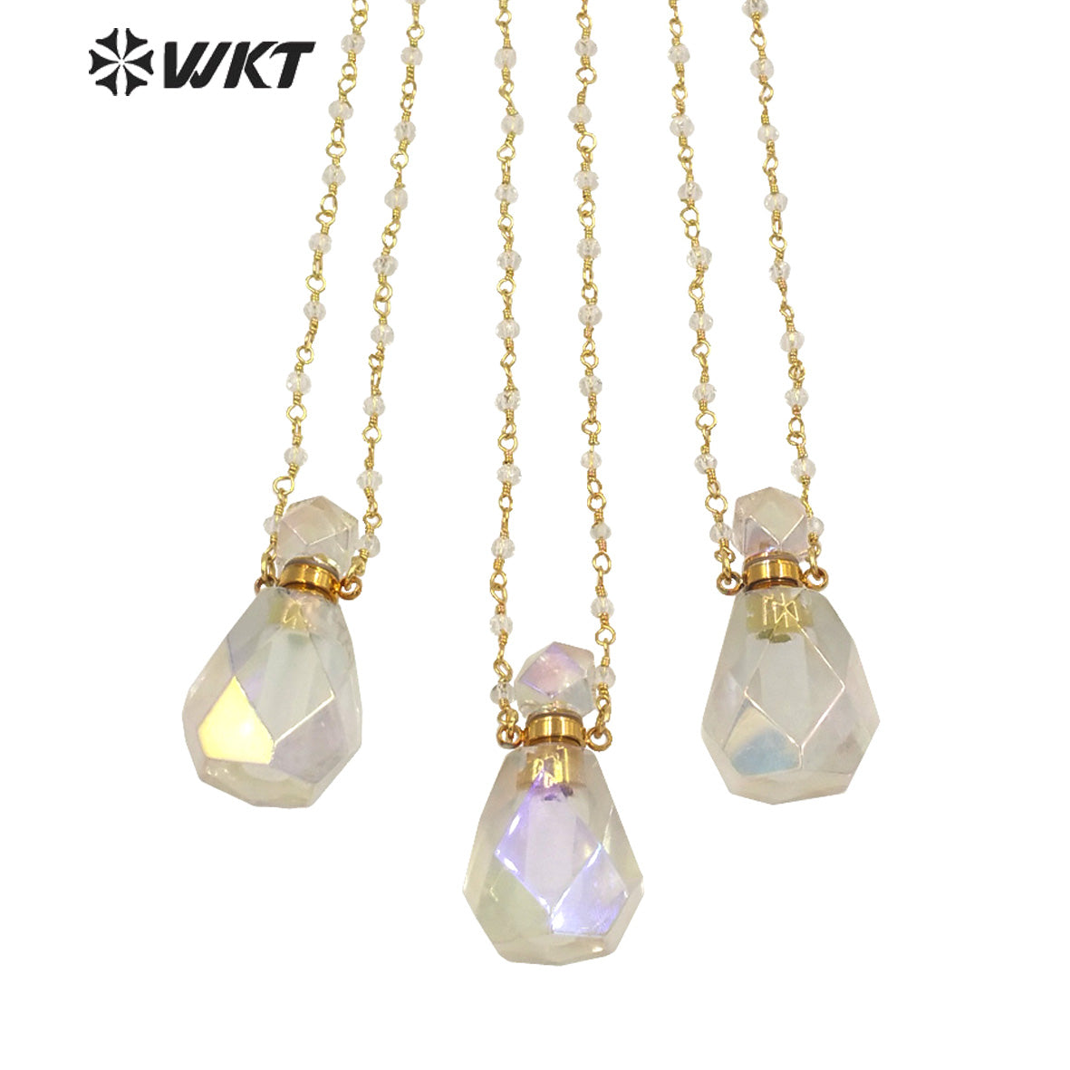 WT-N1235 NEWEST WKT Fashion Gold Electroplated Faceted Aura Crystal Quartz Point Perfume Bottle Necklace As Gift