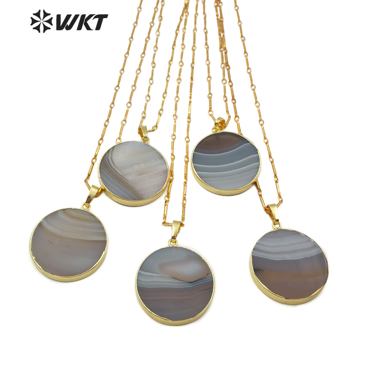WT-N1150 New Arrival Fashion for Lady Jewelry Round Shape Natural Stone Pendant Natural Color Grey Strip Agate Necklace