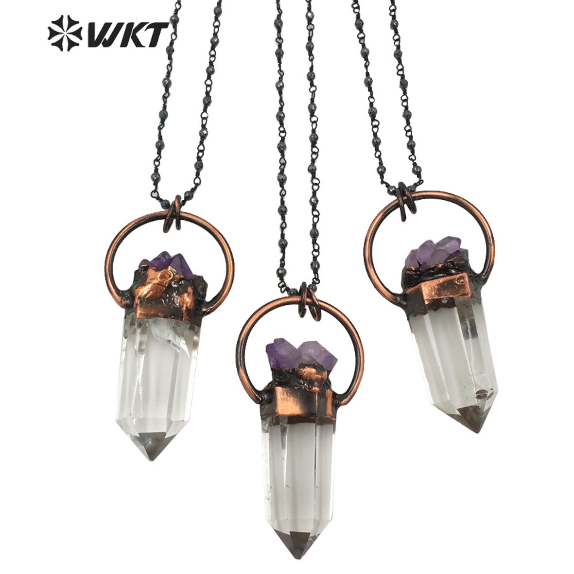 WT-N1263 Women Antique Copper Plated Crystal Quartz with Amethyst Necklace Boho Vintage Natural Quartz Point Necklace