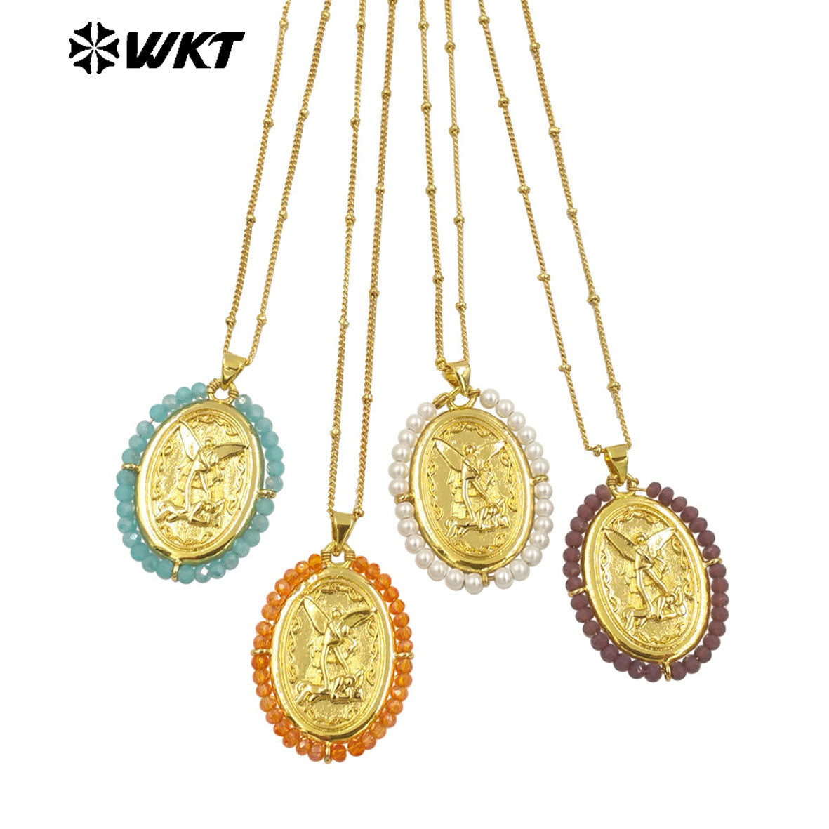 WT-MN990 Fashion Women 18K Real Gold Plated Oval Shape Crystal Wire Wrapped Guardian Angel Necklace for Christian