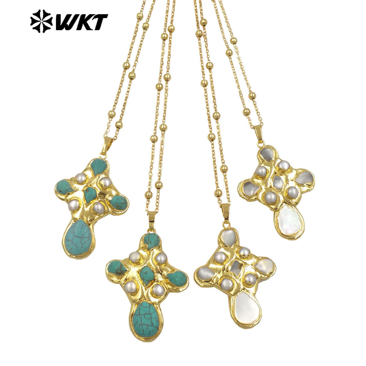 WT-JN297 Brand New Product Elegant 18K Gold Plated Pearl Turquoise Cross Unisex Pendant Necklace Fashion Jewelry Accessories