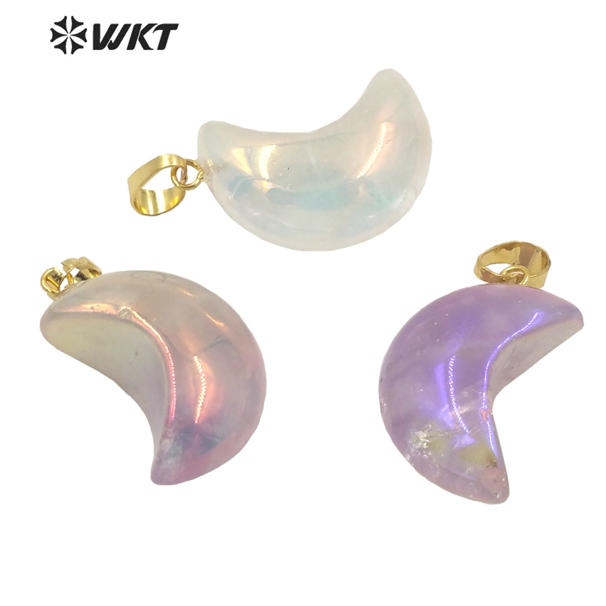 WT-P1708 Wholesale Fashion Elegant Natural Aura Gemstone Half Moon Jewelry Pendant Small Crystal Angel Moon Stone Pendant
