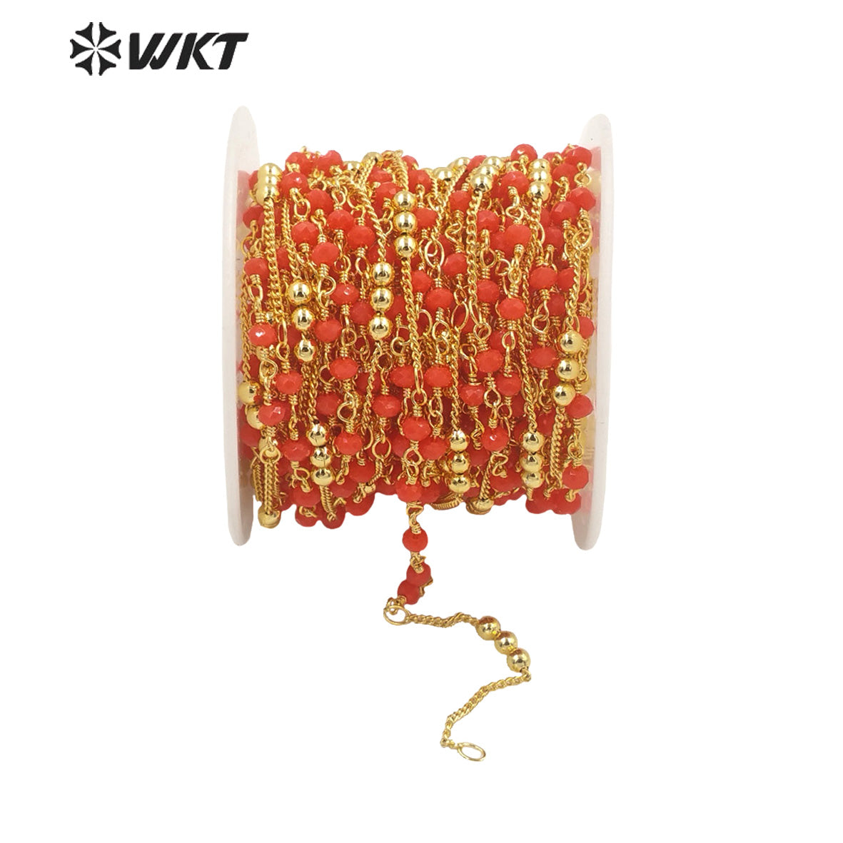 WT-RBC200 Wholesale Fashion Gold Plated Orange Red Color Multi Beads Link Chain Sell by Meter Jewelry DIY Jewelry Necklace Chain