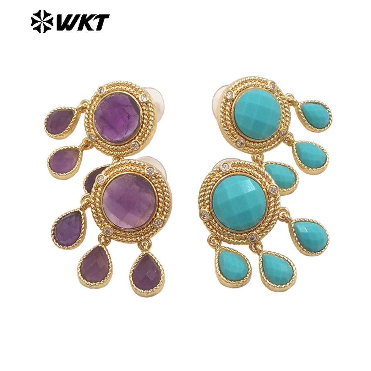 ME120 Wonderful Design Natural Gemstones Earrings With Zircon 18K Gold Plated Three Little Waterdrop Shape Stones Cute Jewelry