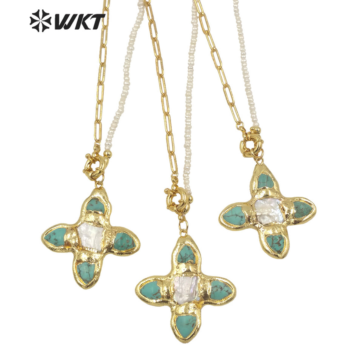 WT-JN150 WKT Newest Design Natural Turquoise and Pearl Mix Design Necklace 18k Real Gold Plated Elegant Office Lady Necklace