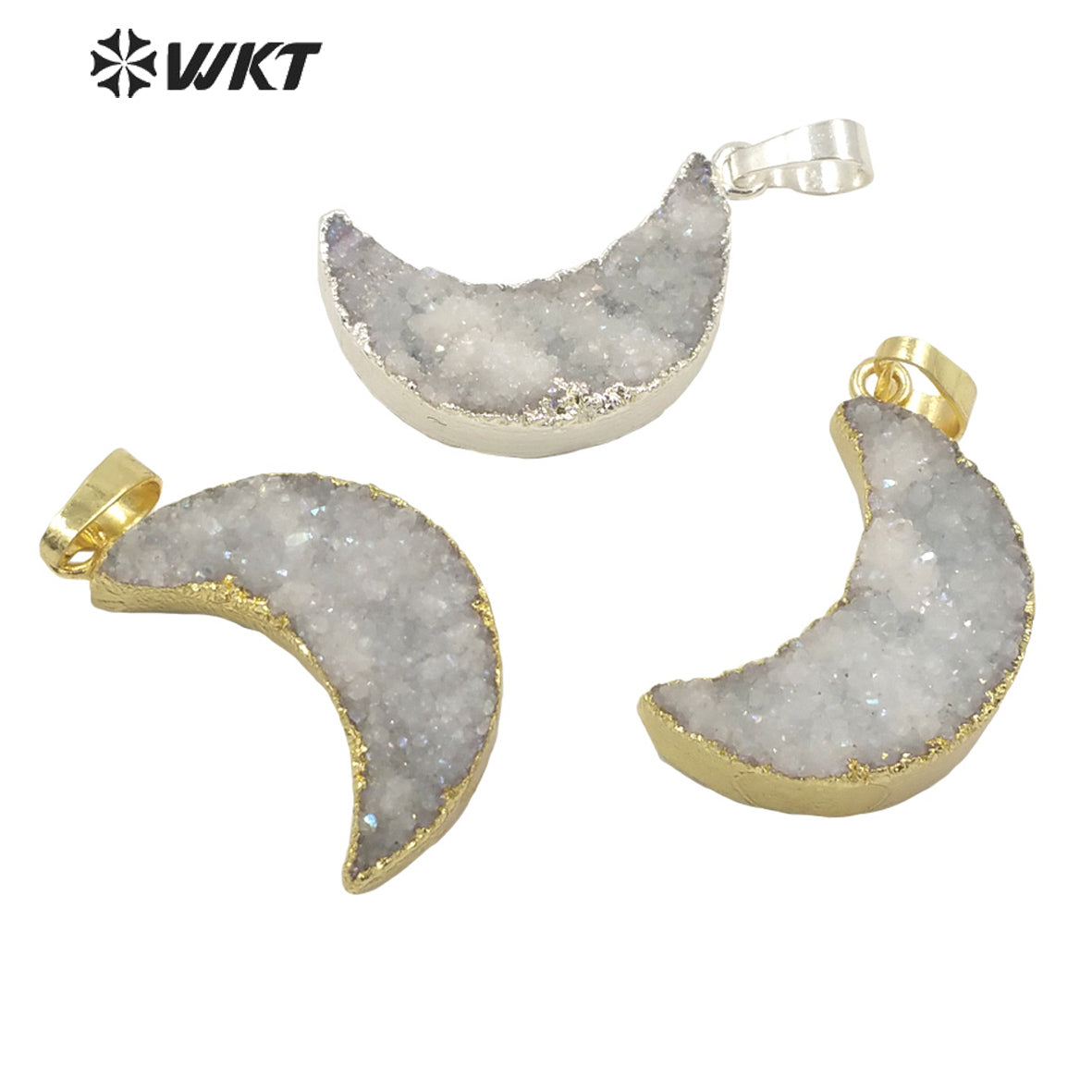 WT-P1706 Super Hot Natural Druzy Quartz Moon Pendant with Angel Color Fashion Women Jewelry Crescent Moon Stone Pendant