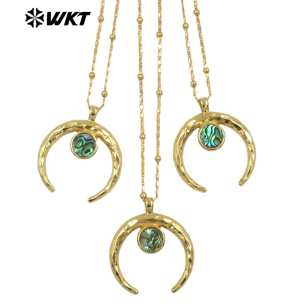 WT-JN275 Wholesale New Big Brass Gold Plated Natural Abalone Shell Crescent Horn Necklace for Women Jewelry