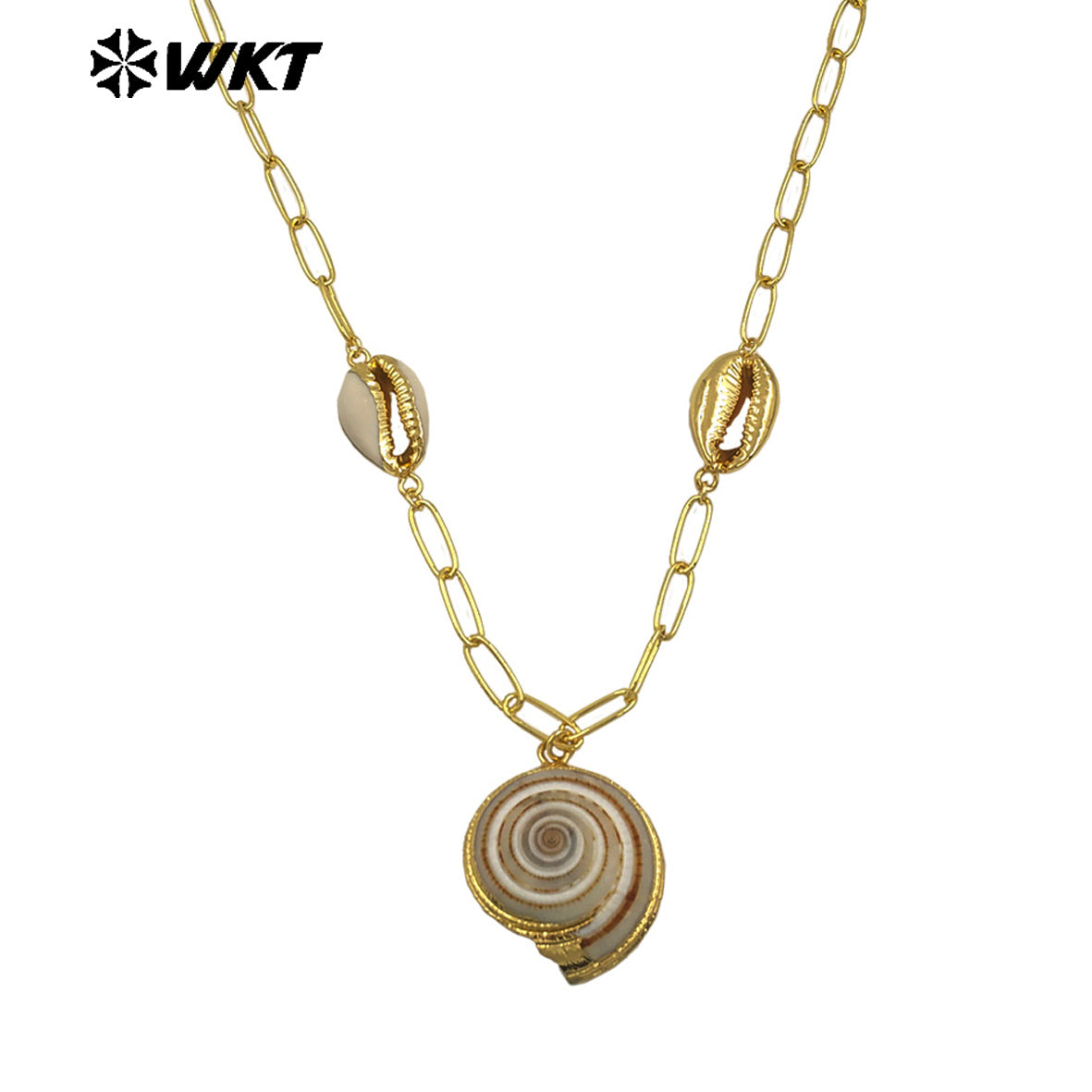 WT-JN318 Wonderful Design Natural Trumpet Shell Necklace One Big and Two Small Charms With Gold Plated Chain Women Jewelry