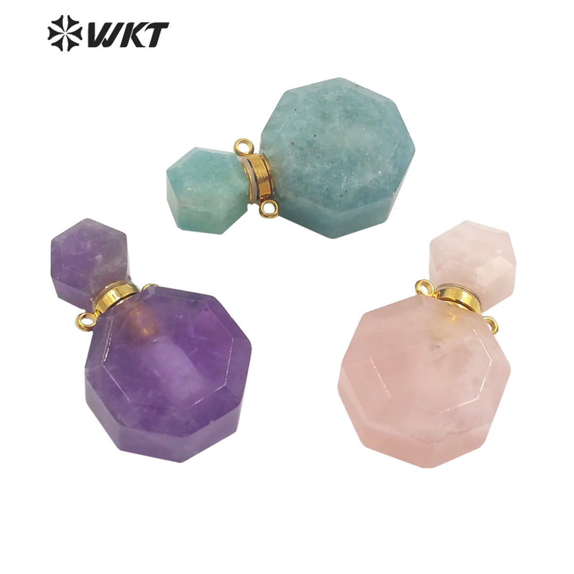 WT-P1759 WKT Hot Sale! Natural Stone Perfume Bottle Pendant Pink Quartz Amethyst Amazonite Pendant Jewelry Necklace Accessory