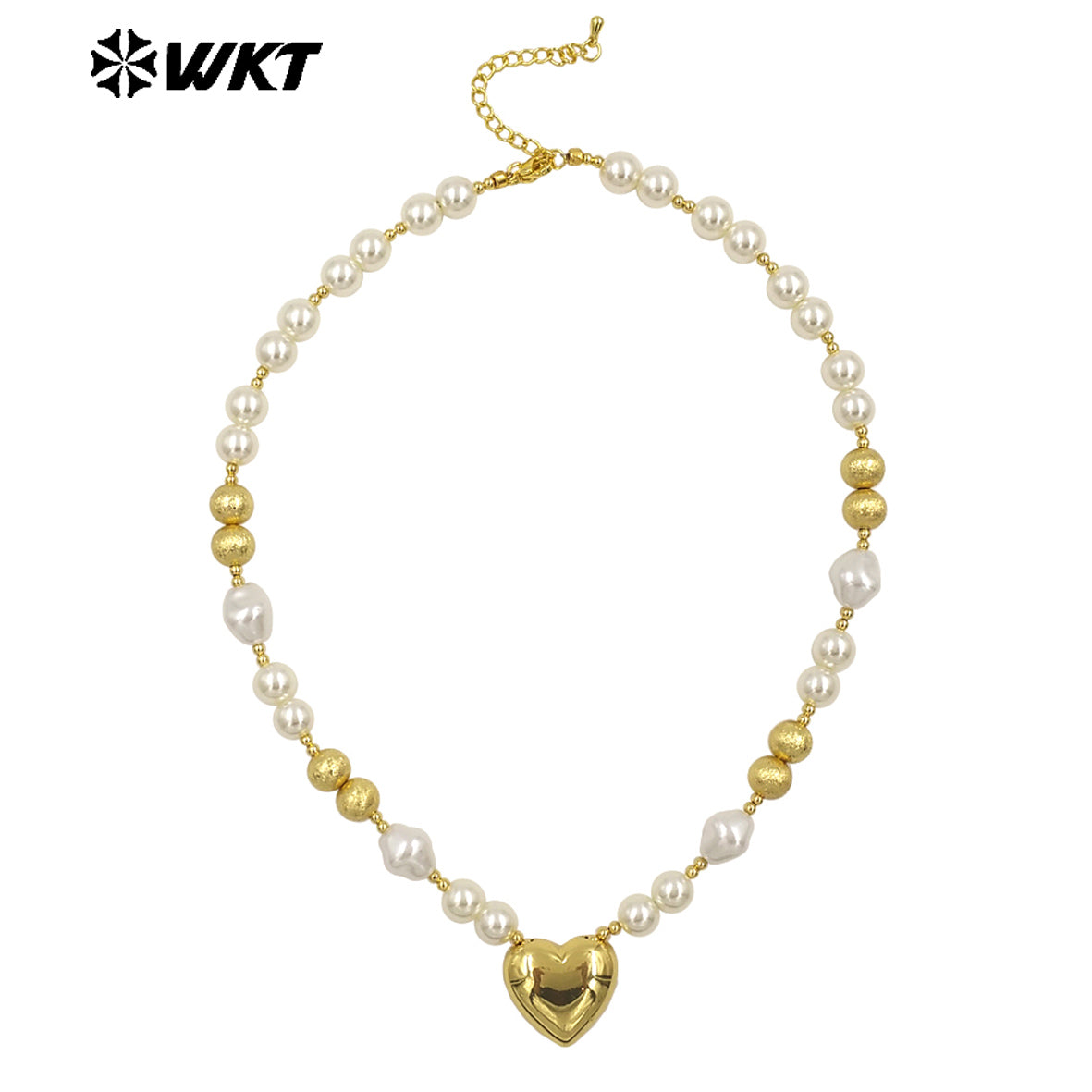 WT-JN286 New Product Lovely Natural Yellow Brass Artificial Pearl Love Shaped Necklace for Sweet Girls As Daily Matching Jewelry