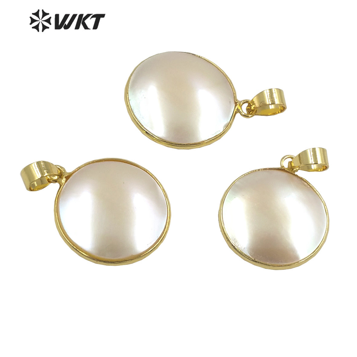 WT-JP354 Amazing Brightly Round Natural Mabe Gold Bezel Resist Tarnishable Shell Pendants for Necklace Design