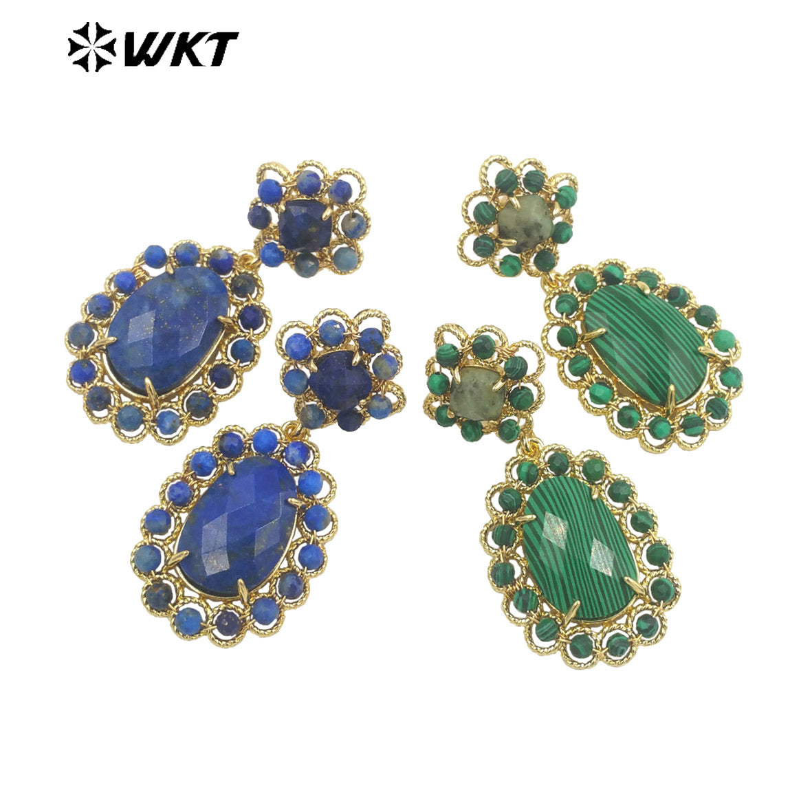 WT-E724 WKT Precious Natural Gemstone Carved with Wire Wrapped Tiny Stone Beads Made Earrings Charming Gorgeous Lapis Earrings