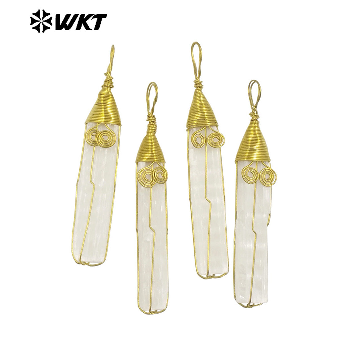 WT-P1986 Newest Fashion Gold Wire Wrapped Handmade Natural Raw White Selenite Pendants for Necklace Making