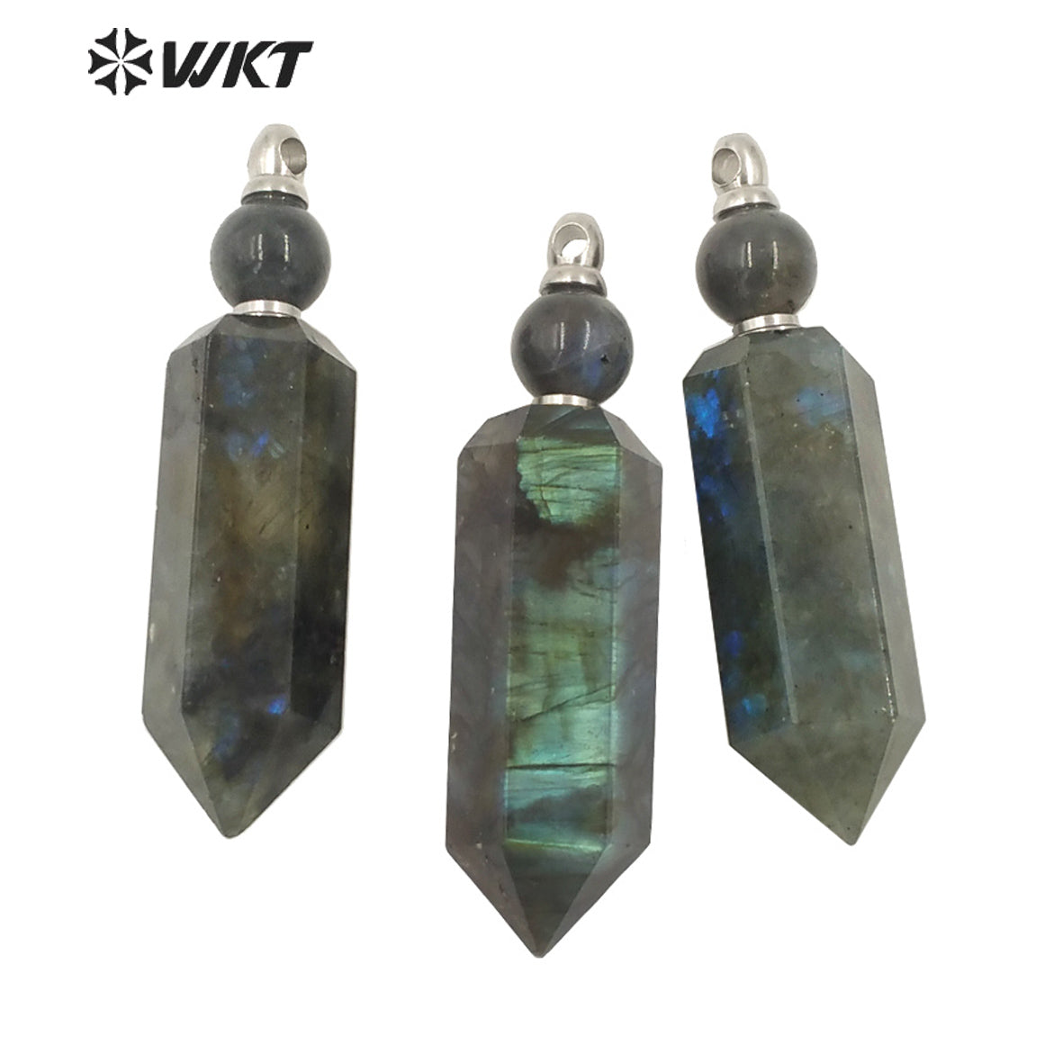 WT-P1619 Amazing Stainless Steel Hexagonal Natural Labradorite Stone Perfume Bottle Pendant Fashion Steel Spirit Point Bottle