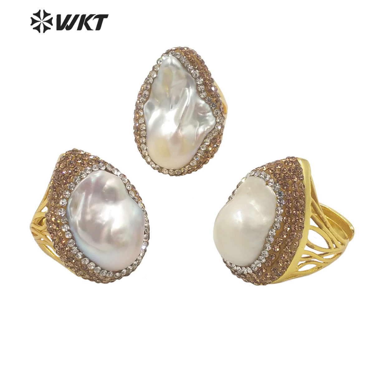 WT-MPR039 Gorgeous Fashion 18k Real Gold Bezel Big Baroque Pearl Rhinestone Ring Royal Value Birthday Ring for Women