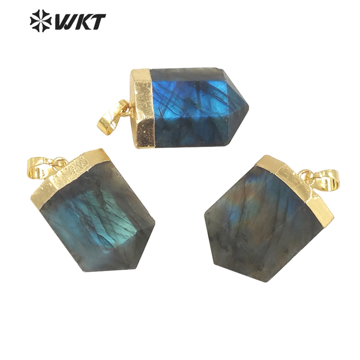 WT-P1844 WKT Newest Design Double Faceted Hexagon Shape Natural Labradorite Pendant 18k Gold Flash Stone Pendant