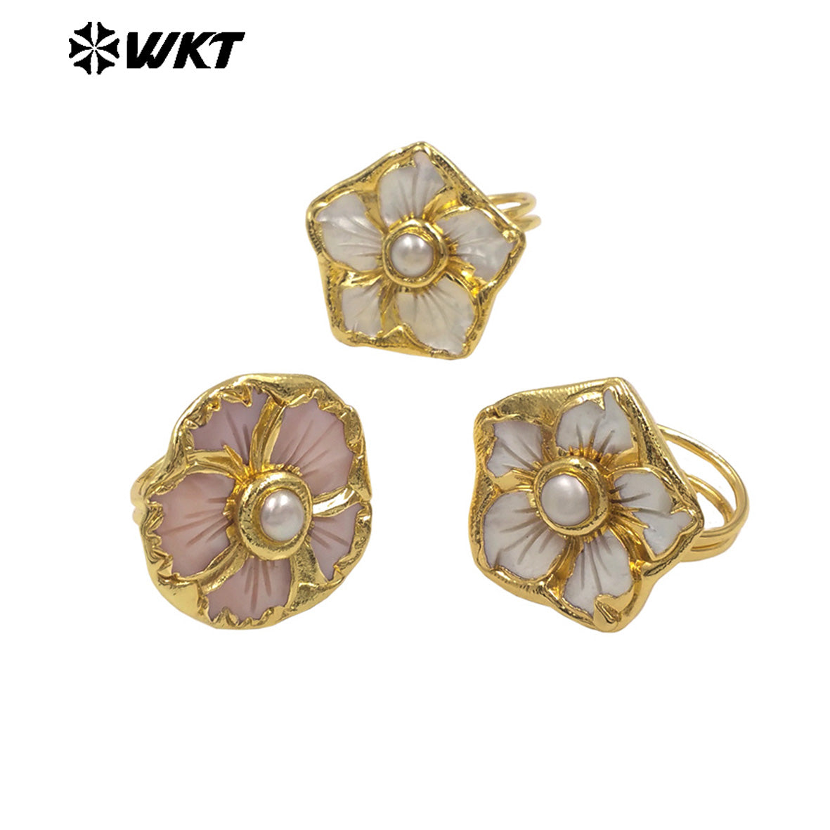 WT-MPR148 Beautiful Hand Carved Flower Shape Pink White Shell And Pearl 18K Gold Plated Rings For Ladies Elegant Jewelry