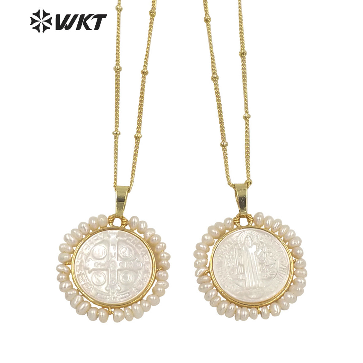 WT-JN157 Wholesale Fashion Gold Plated Handmade Handmade Wire Wrapped Freshwater Pearl Christian Cross Necklace in White Shell