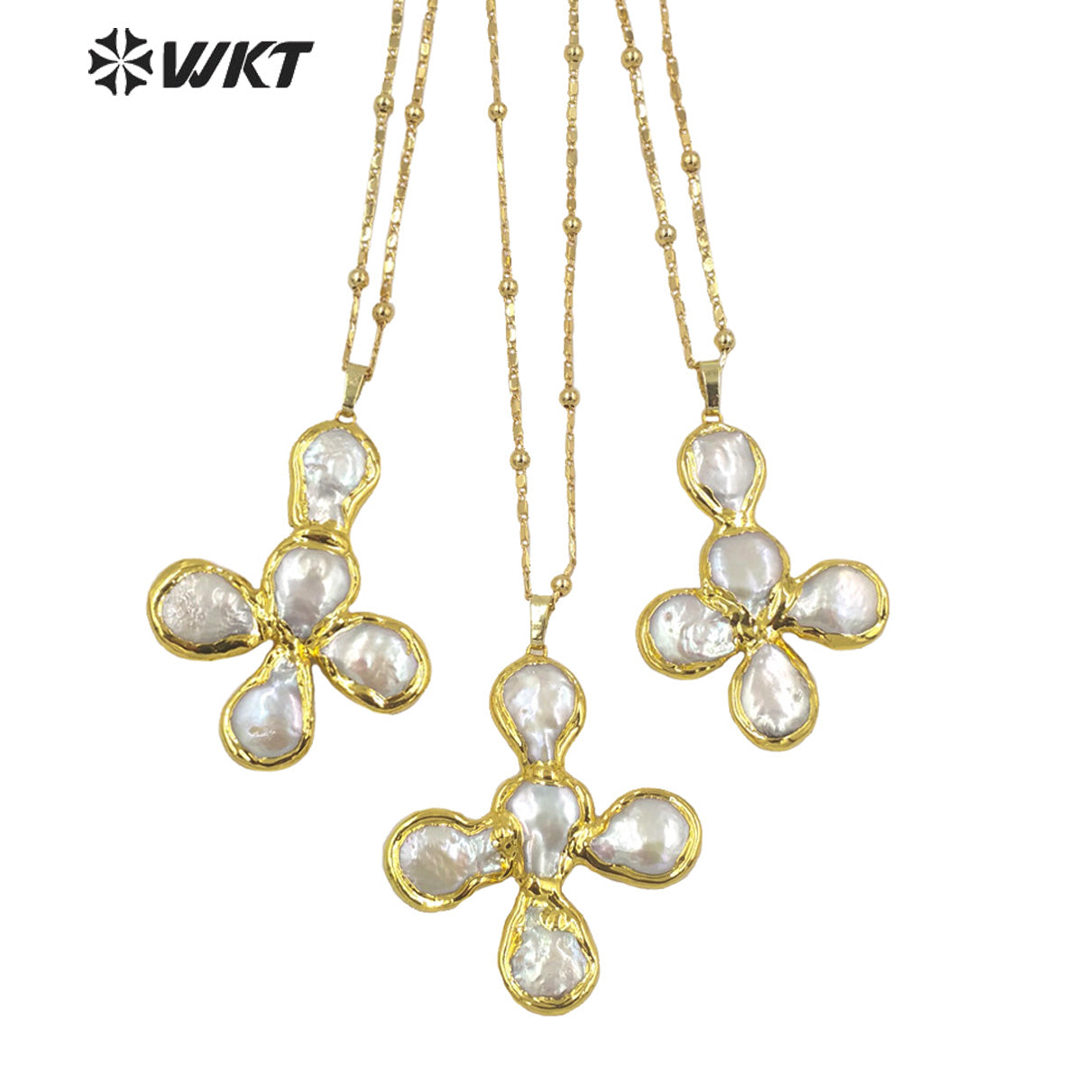 WT-JN168 WKT Drama Style Fashion Design Flower Shape Natural Freshwater Pearl Cross Necklace Jewelry Accessory Necklaces