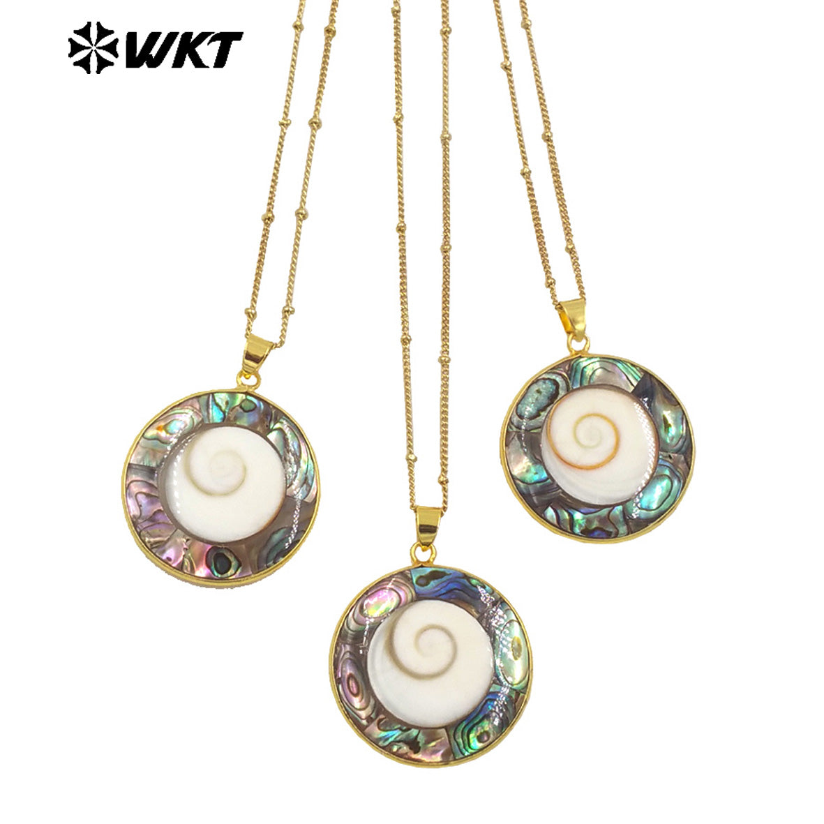 WT-JN266 Wholesale Fashion Gold Bezel Round White Trumpet Shell Energy Pendant Necklace With 18 Inch Chain