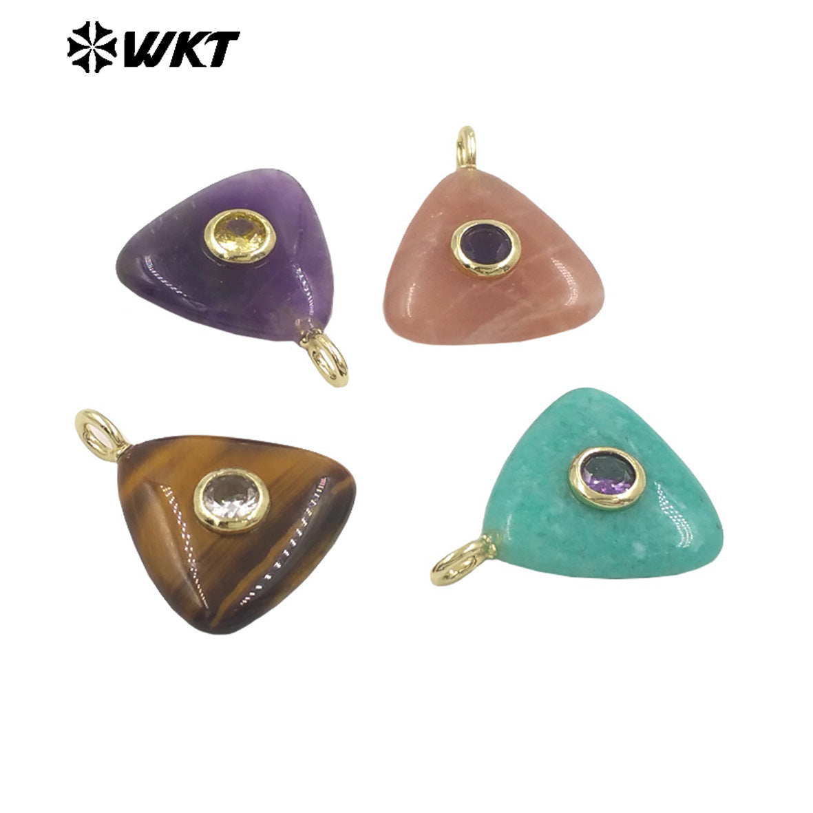 WT-P2021 High Quality Lovely Triangle Rose Quartz Natural Gemstones And Zircon Pendants For Necklace Decoration Charms