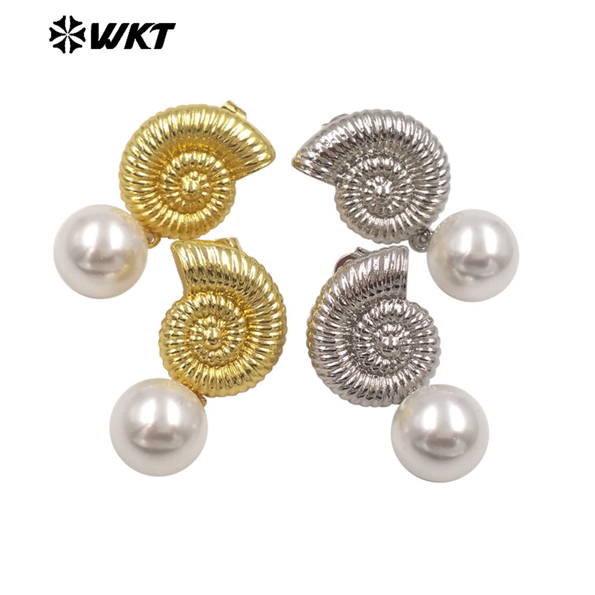 WT-ME132 Fashion Gold And Silver Plated Shell Shape Double Designs Brass With Artificial Pearl Earrings For Women Daily Wearing