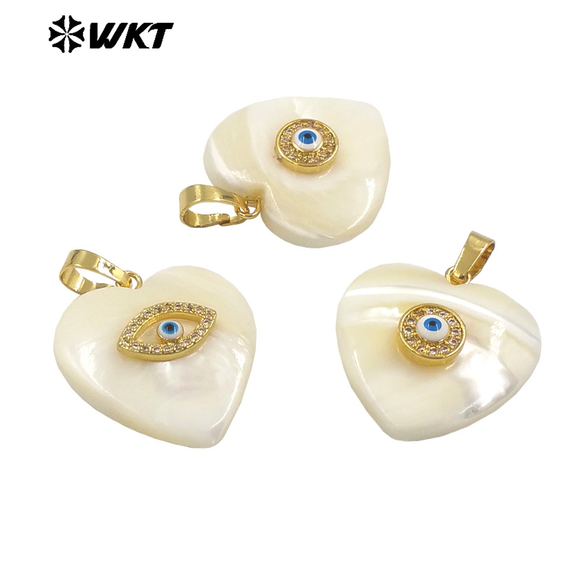 WT-JP366 Newest Gold Plated Charming Natural White Shell Heart With Turkey Eye Girl Lovely Pendants for Birthday