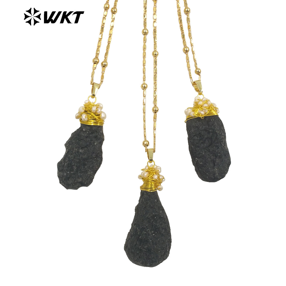 WT-N1426 Black Meteorite Necklace 20inch Long Boho Beads 18k Yellow Gold Beads Necklace Gemstone Casual Long Statement Necklace