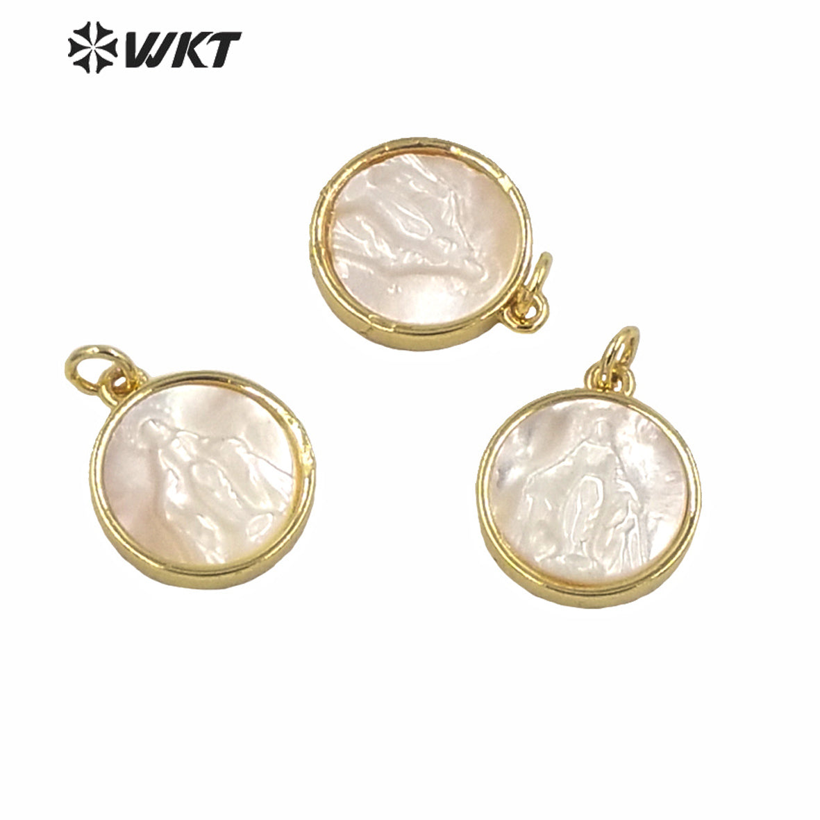 WT-MP173 Wholesale Religious Gold Bezel Mop Shell Charm Pendant Popular 14mm White Shell Christian Pendant Jesus Pendant