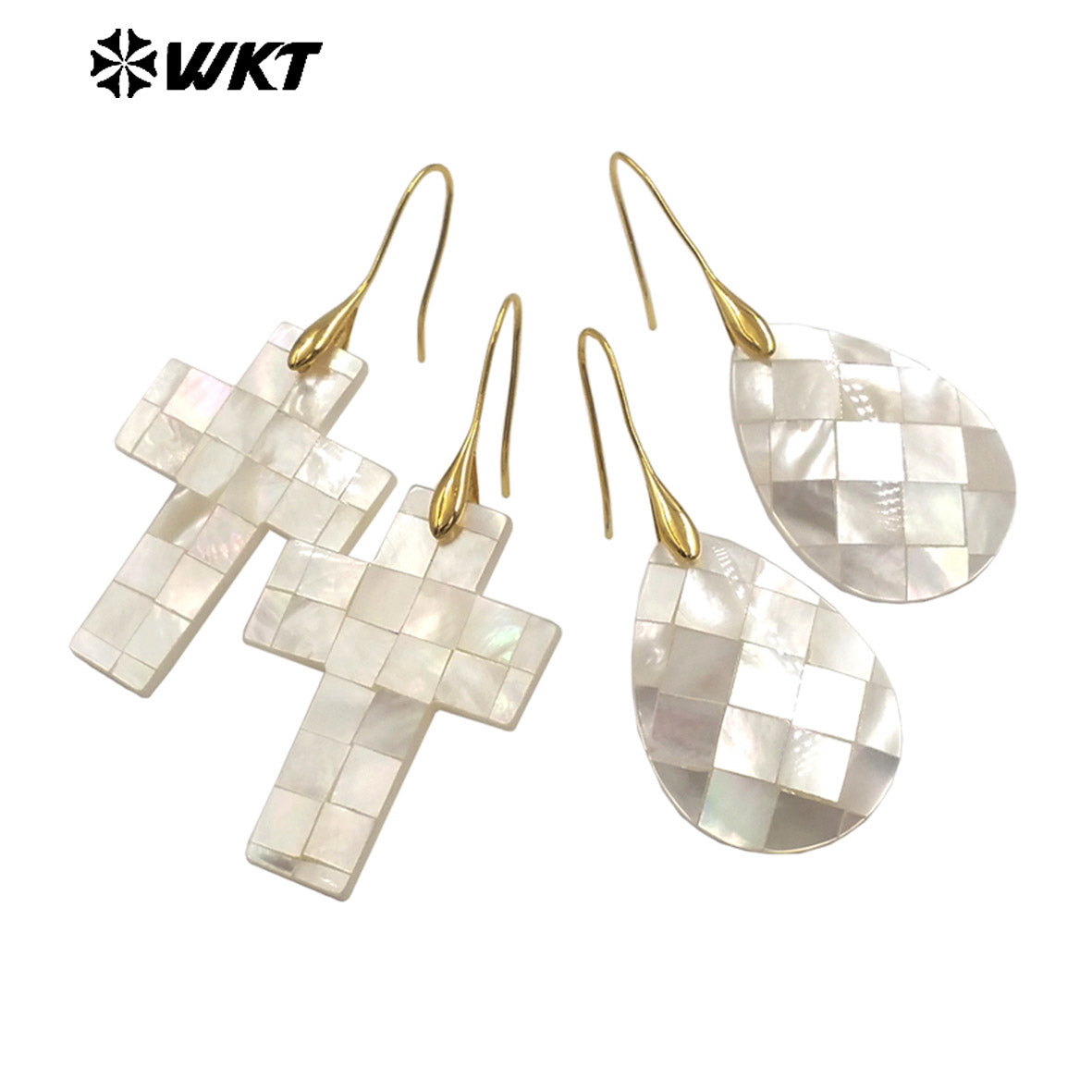 WT-MPE154 Wonderful Wholesale Mother of Pearl Shell Earrings Gold Color Heart Waterdrop Cross Moon Shape Women Birthday Gift