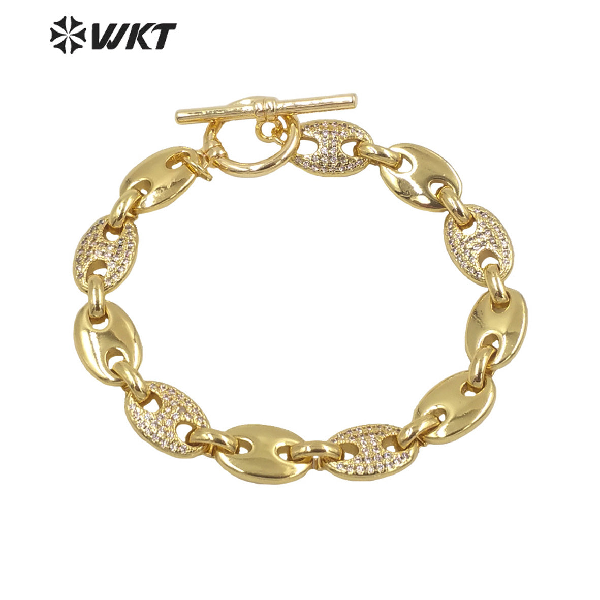 WT-MB119 Wholesale New Coffee Bean Cubic Zircon Chunky Chain Bracelet Europe 18k Real Gold Plated Big Chain Metal Bracelet