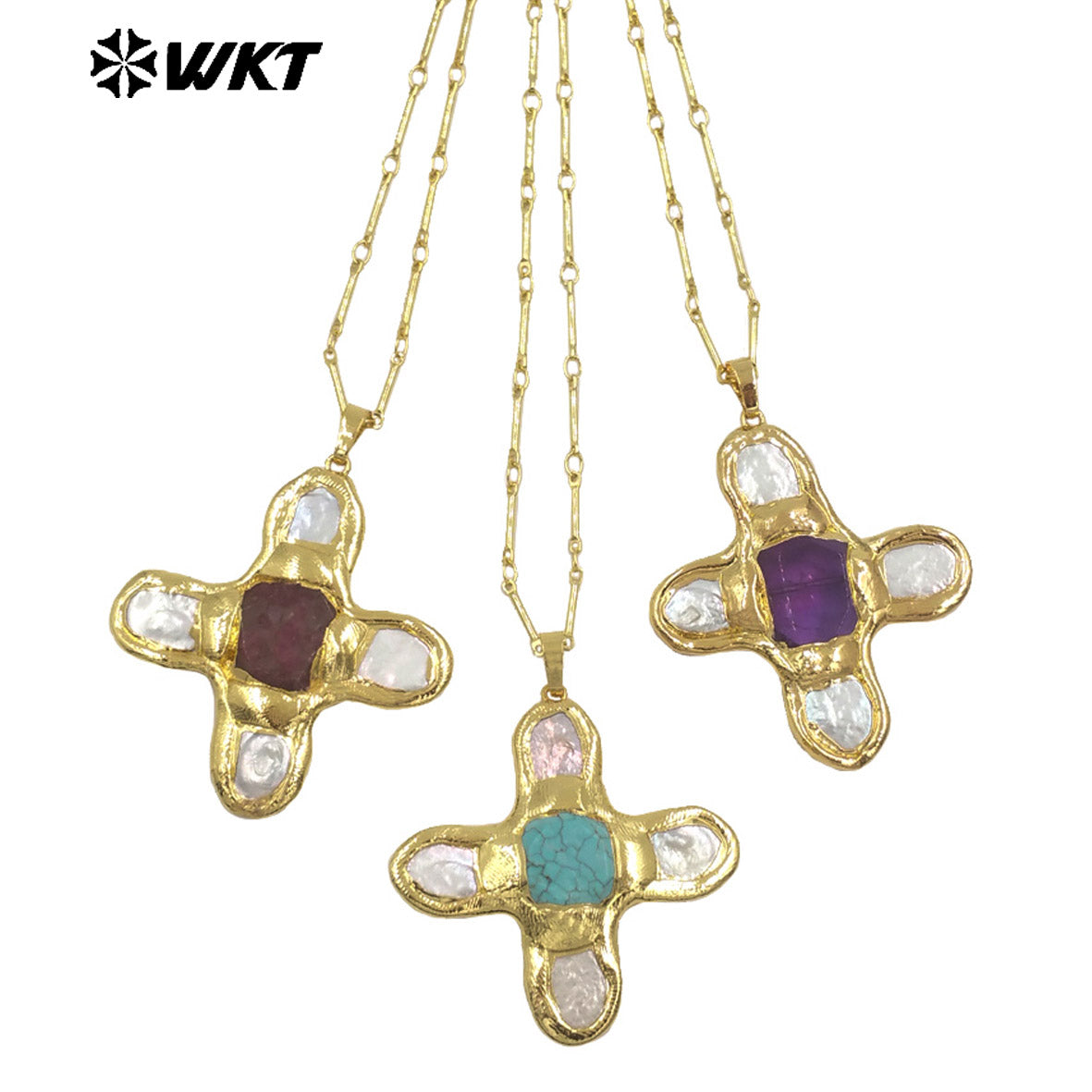 WT-JN169 Wholesale New Fashion Trendy Pearl Cross Shape Turquoises Pendant Necklace Gold Electroplated Necklace Green Stone