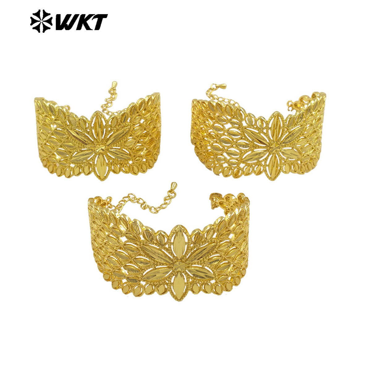 WT-B676 New Stock Arrival 18K Gold Plated Natural Brass Delicate Flower Wide Adjustable Bracelet for Women As Anniversary Gift