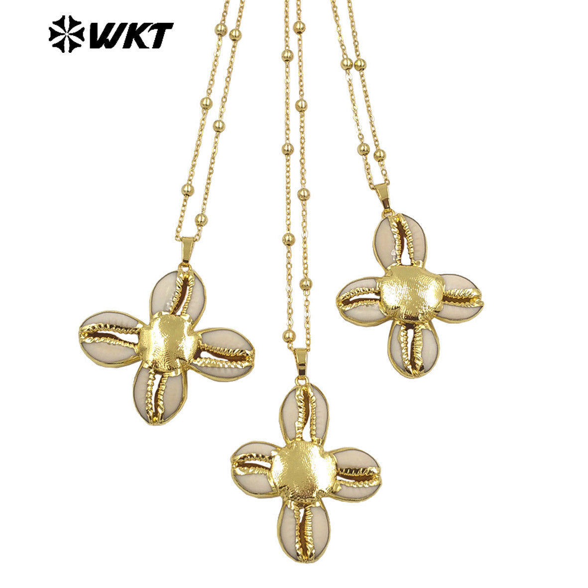 WT-JN296 Wholesale New Products Stylish 18K Gold Plated Natural Cowrie Shell Cross Unisex Necklace for Friends As Birthday Gifts