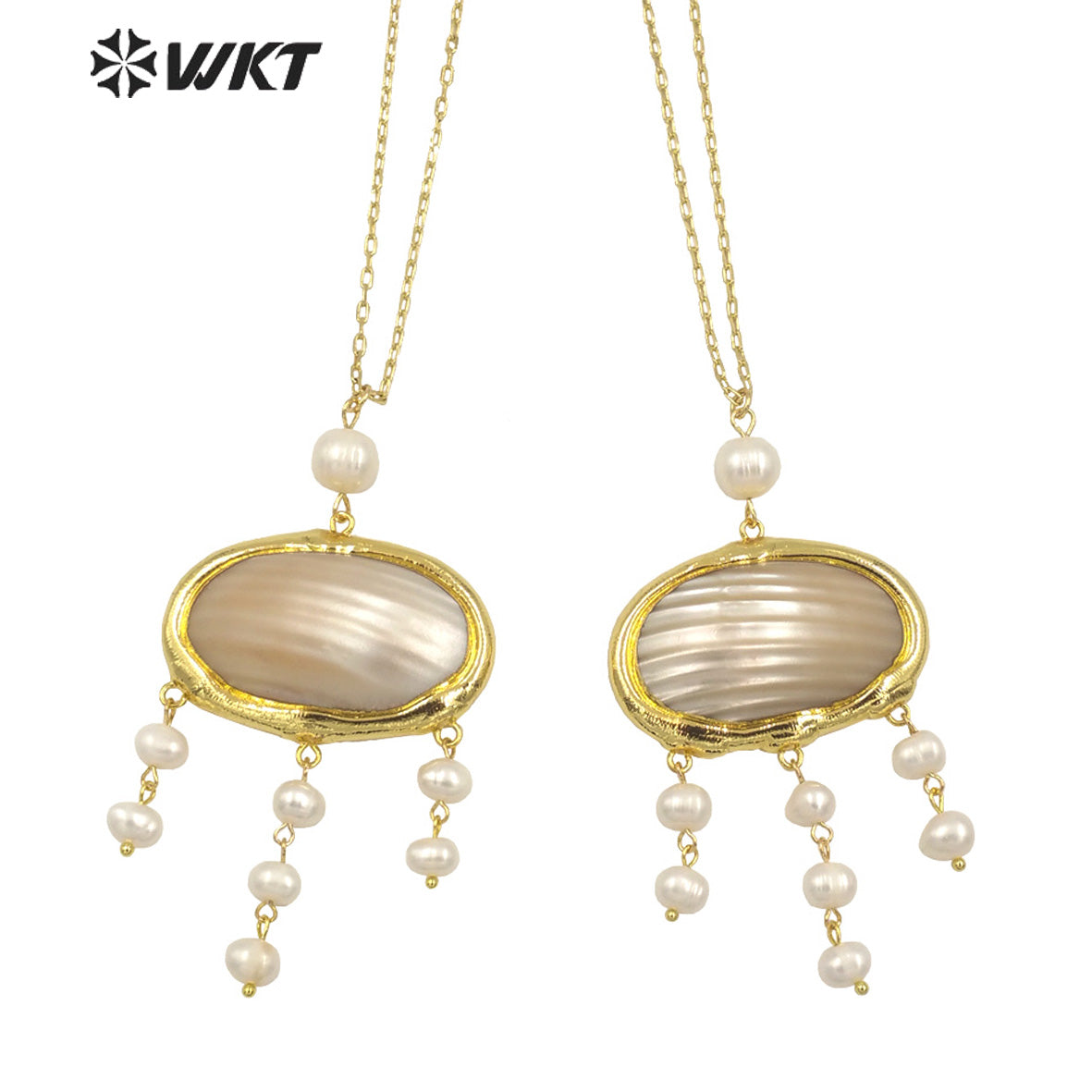 WT-JN262 Wholesale Fashion 18K Gold Plated High Quality Natural Freshwater Pearl and Mabe Shell Dangle Statement Necklace