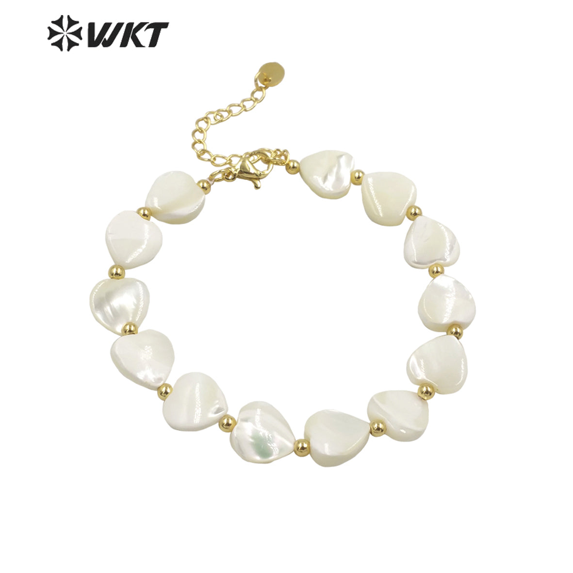 WT-MPB063 Unique Bohemian Vintage White Shell Made Heart Bracelet with Clasp Gold Strand Beads Heart Jewelry Women Bracelets