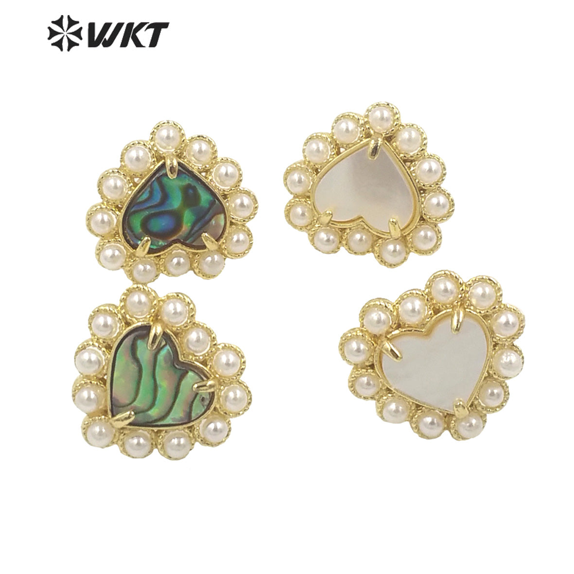 WT-MPE123 Wholesale Gold Plated Artificial Pearl and Natural Abalone Shell Heart Girl Earrings Popular Fashion Boho Studs